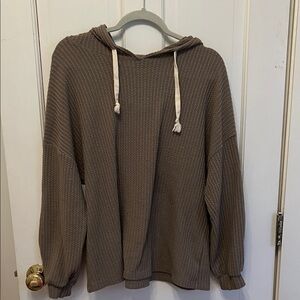 Pink Lily Brown Waffle Knit Hoodie with Cream Drawstrings